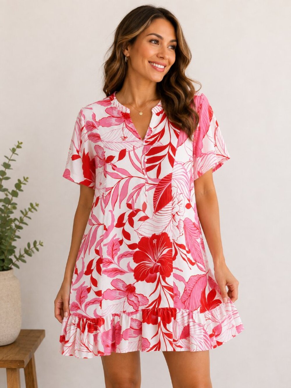 Cocomo Tropical Floral Ruffle Dress | Pink & Red | Women's Large | Resort Vacati